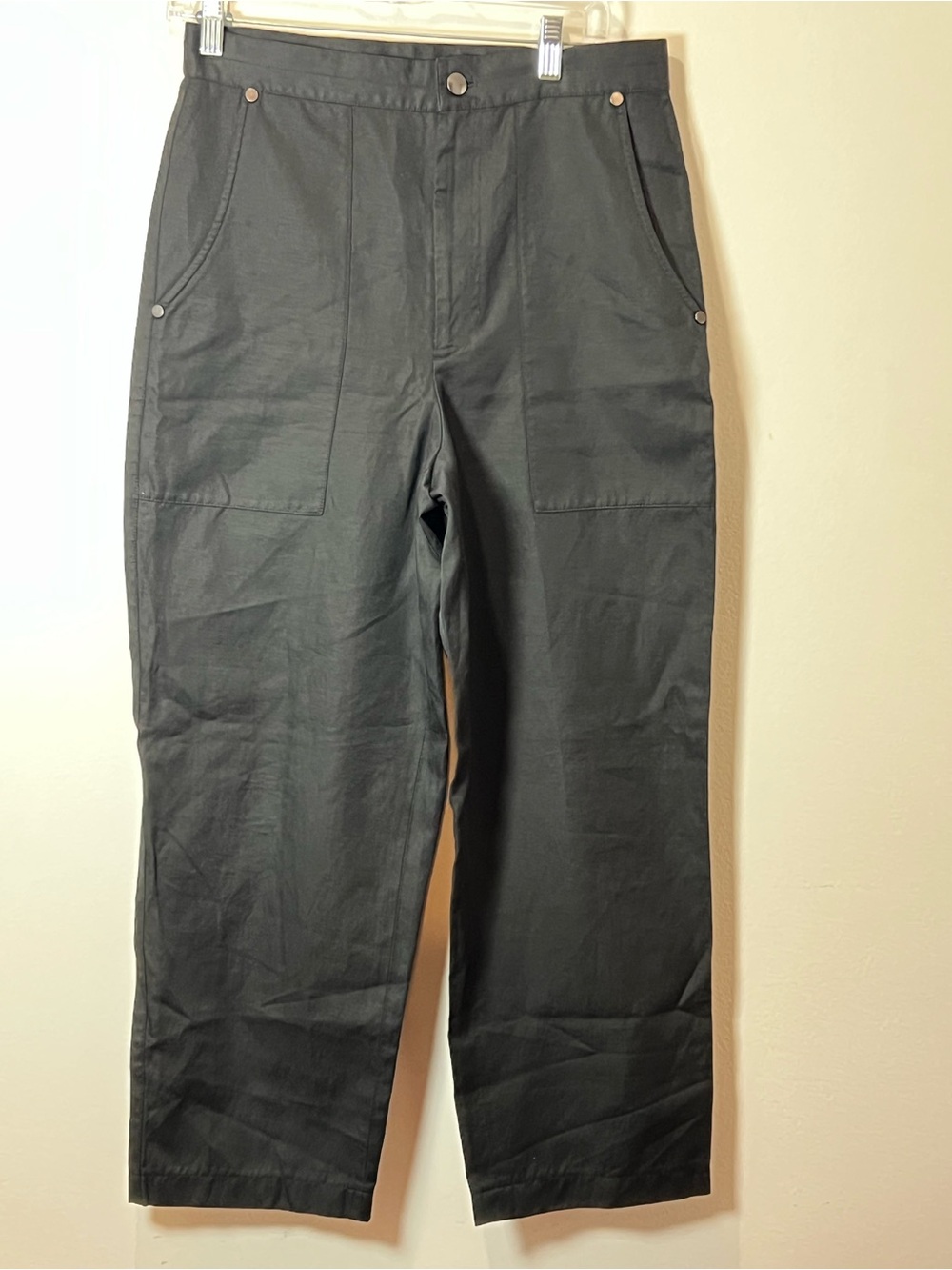 Helmut Lang Black Cotton Linen Carpenter Pants Women Flat Front Button Accent